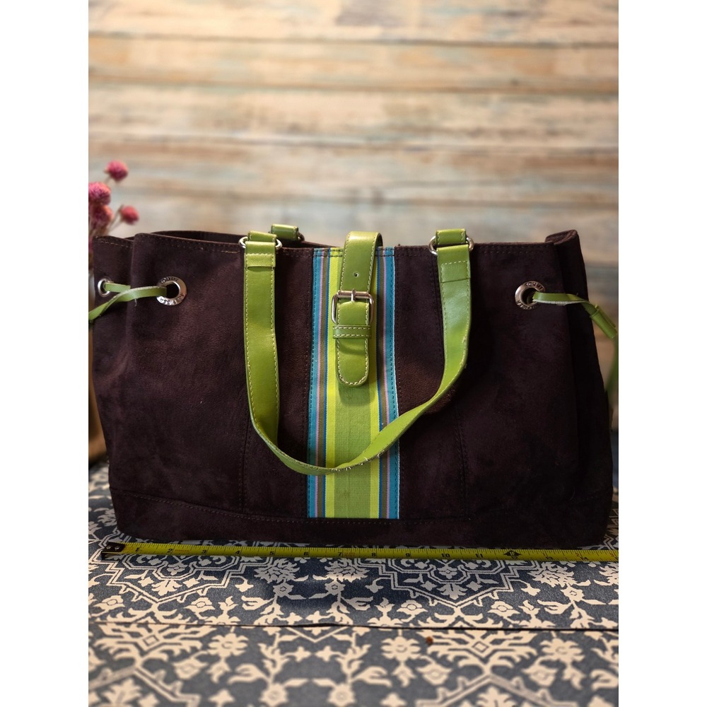 Tommy Hilfiger Brown Suede Green Stripe Tote Bag Shoulder Purse Classic Style